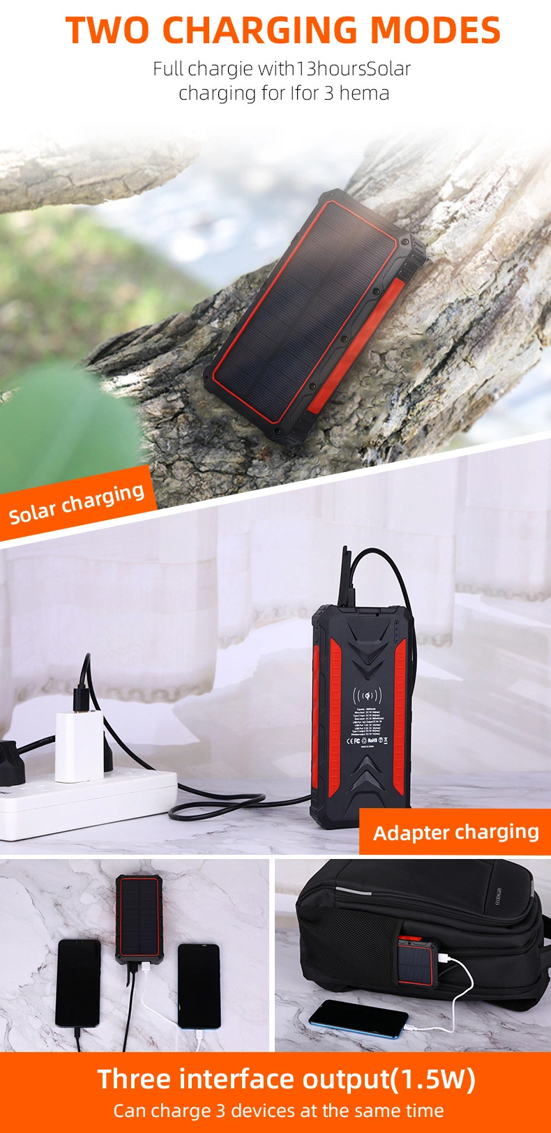 20000mAh Solar Power Bank Wild Camping with LED Flashlight Waterproof Solar Charger Multifunction Power Bank