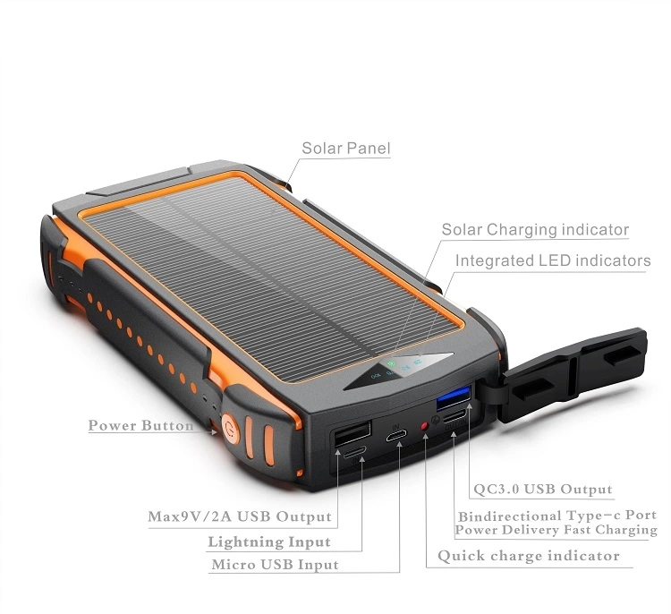 Hot Selling Manufacture with LED Flashlight 20000mAh Waterproof Solar Wireless Charger Power Bank