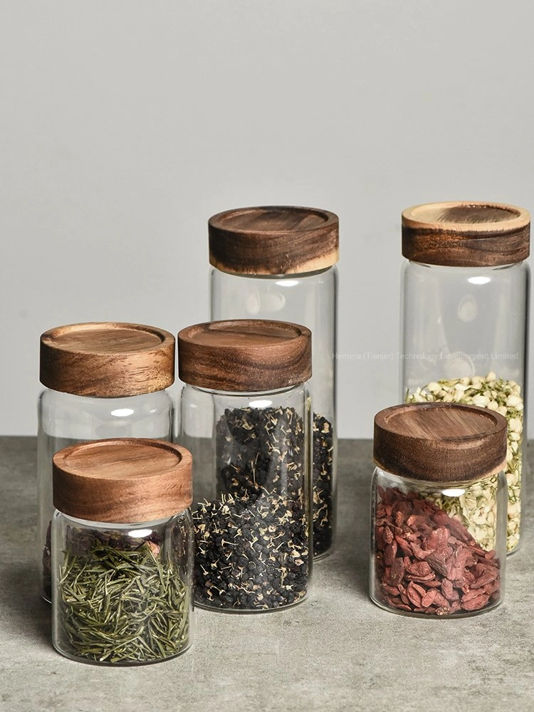 Kitchenware Glassware Set Borosilicate Glass Wood Lid Candy Storage Jar Mason Jar Screwed Wooden Lid