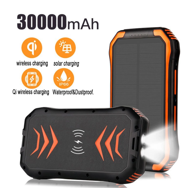 30000mAh Waterproof Wireless Solar Power Bank for Mobile Charger with LED Flashlight for Emergency Sos