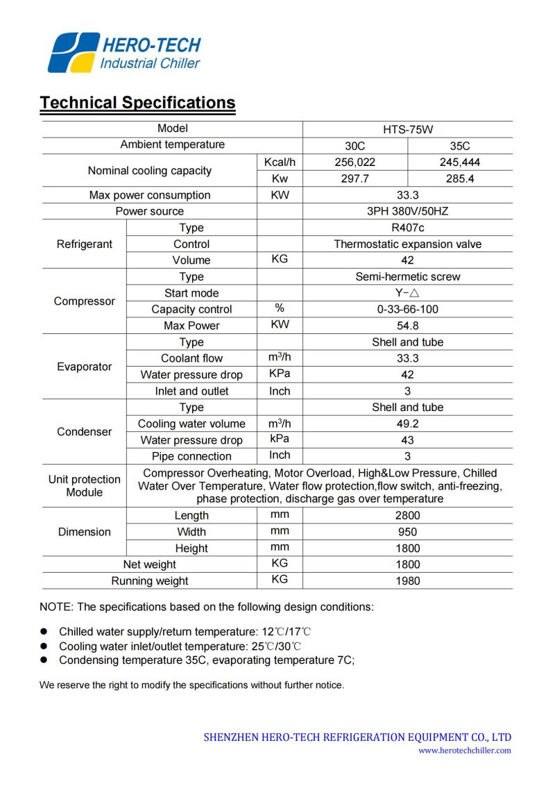 Hero-Tech 75HP Chiller 240kw Water Chiller Screw Chiller