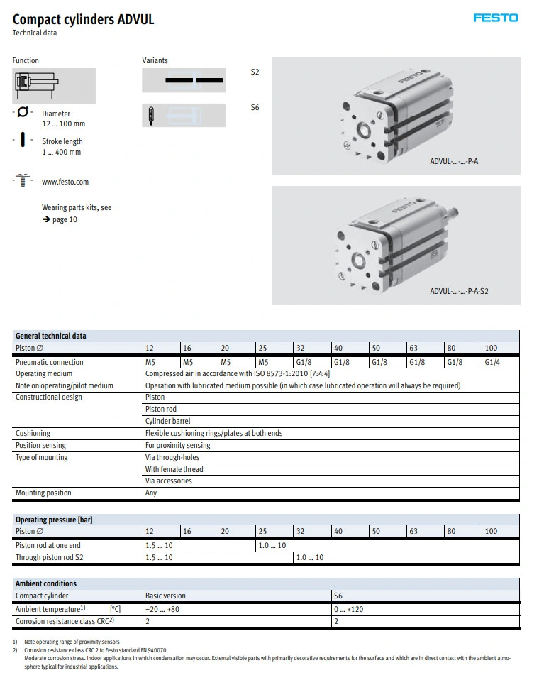 Advul Series Double Acting Compact Pneumatic Air Cylinder