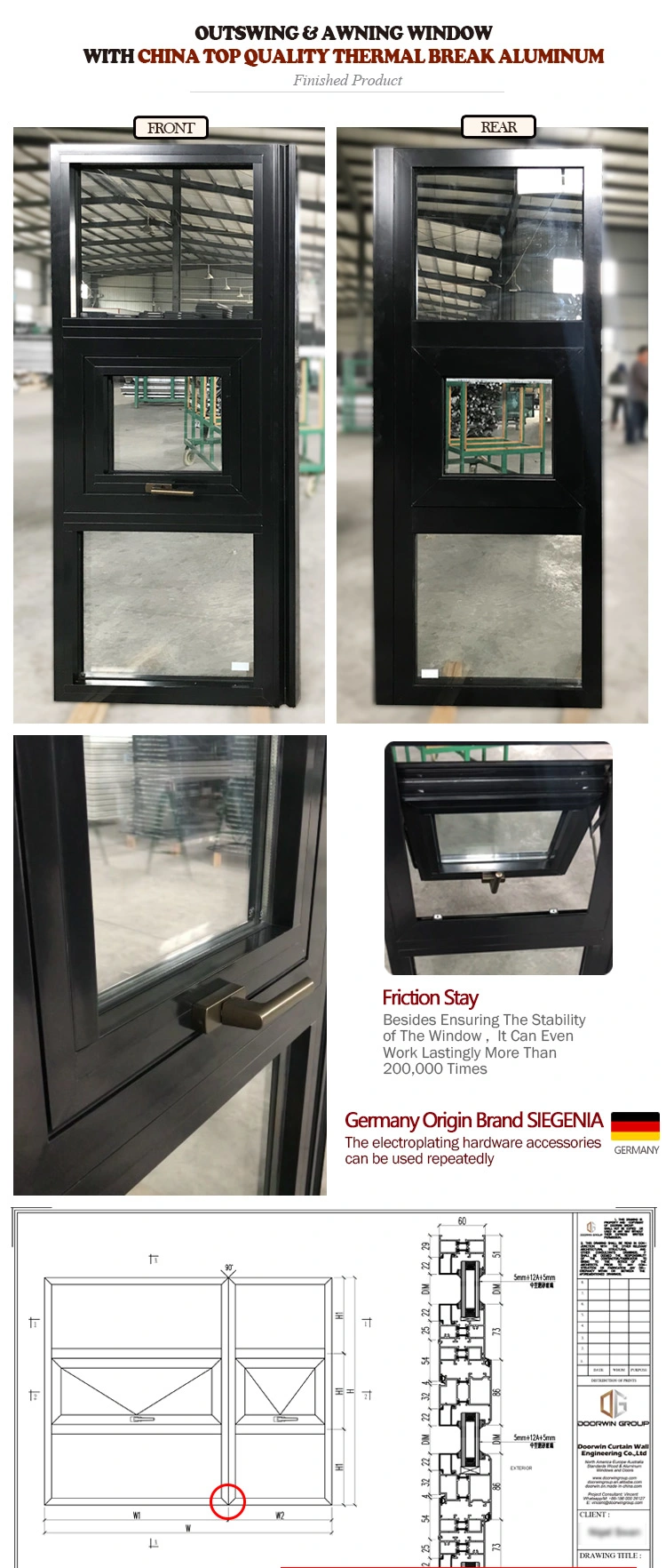 Solid Wood Clad Thermal Break Aluminum Casement Window, Good Heat-Insulation Performance Aluminum Casement Window