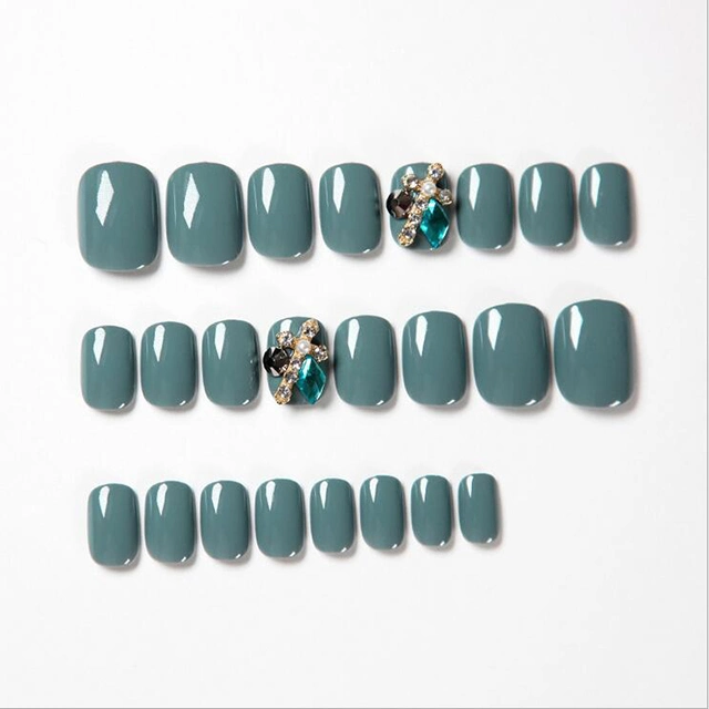 Blue Autumn and Winter Diamond Glitter 24 Pieces Boxed False Nails Finished MID-Length Wearing Nails