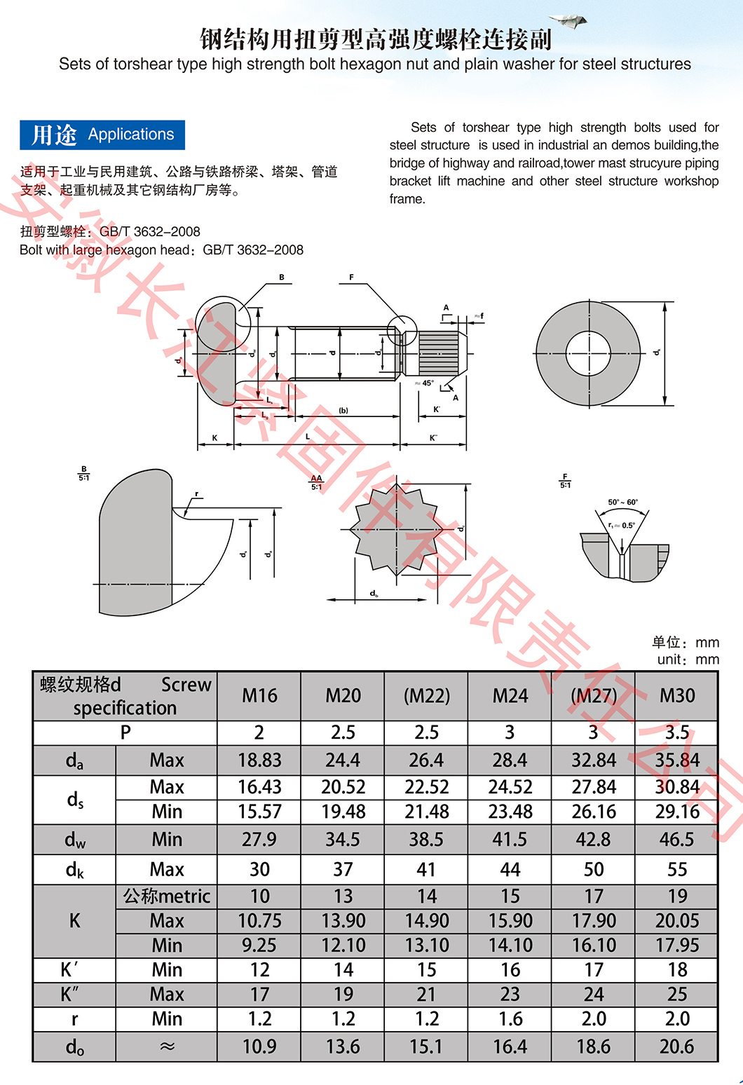 Tension Control Bolts, Tc Bolts or Twist off Bolts Tor-Shear Type High Strength Bolt Sets Ts Bolts