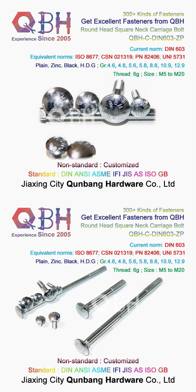 Qbh DIN603 Carriage Bolts (M5-M20 Cl. 4.8/6.8)