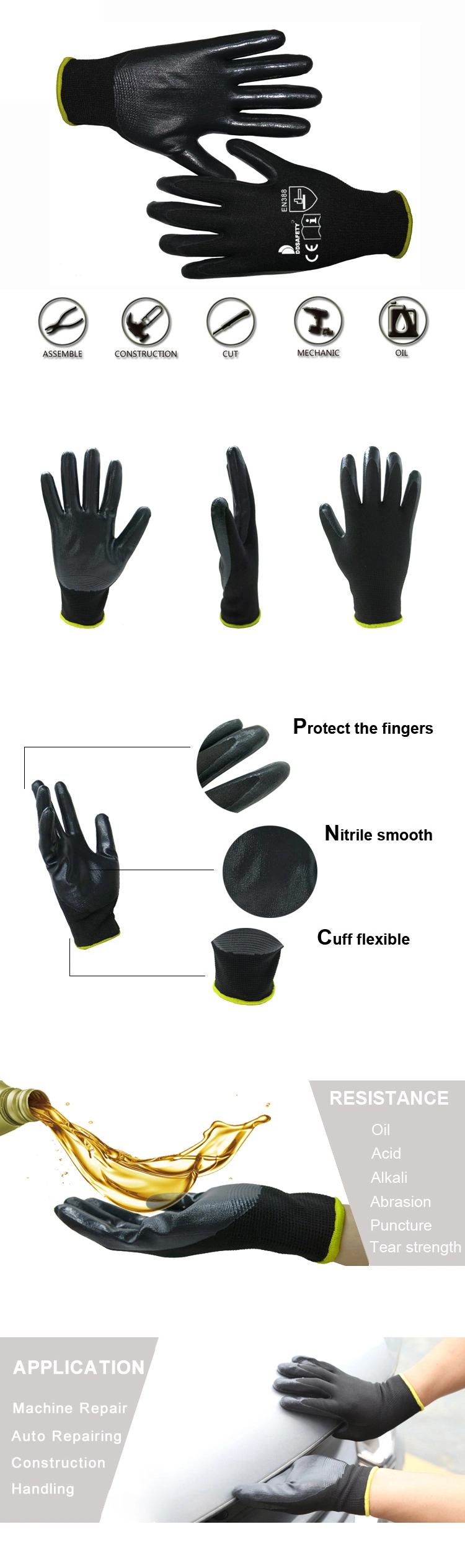 Black Nylon Coated Black Nitrile Smooth Finished Working Protection Gloves