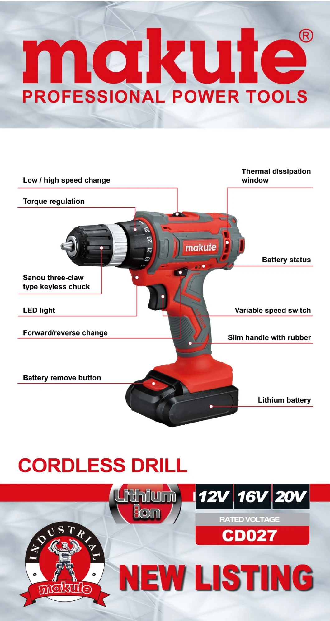 Makute Electric Cordless Power Drill 12/16/20V Lion Battery