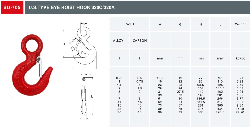 Us Type Eye Hoist Hook 320 322 Hook Lifting Hook with Latch Eye Sling Hook