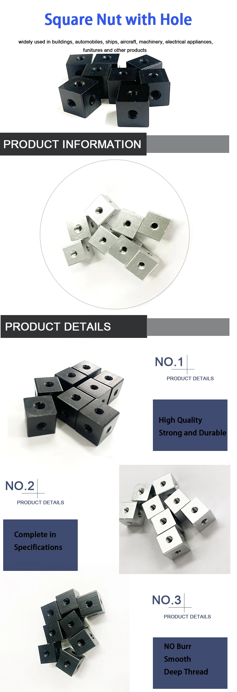 High Quality Aluminum Black Plain Square Nut Six Holes Three Holes Square Nut