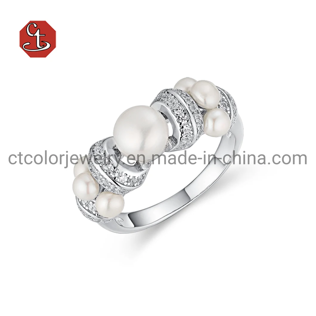 Spiral Adjustable Silver Ring with Natural Pearl Hot Selling Silver Ring Inlaid Cubic Zircon