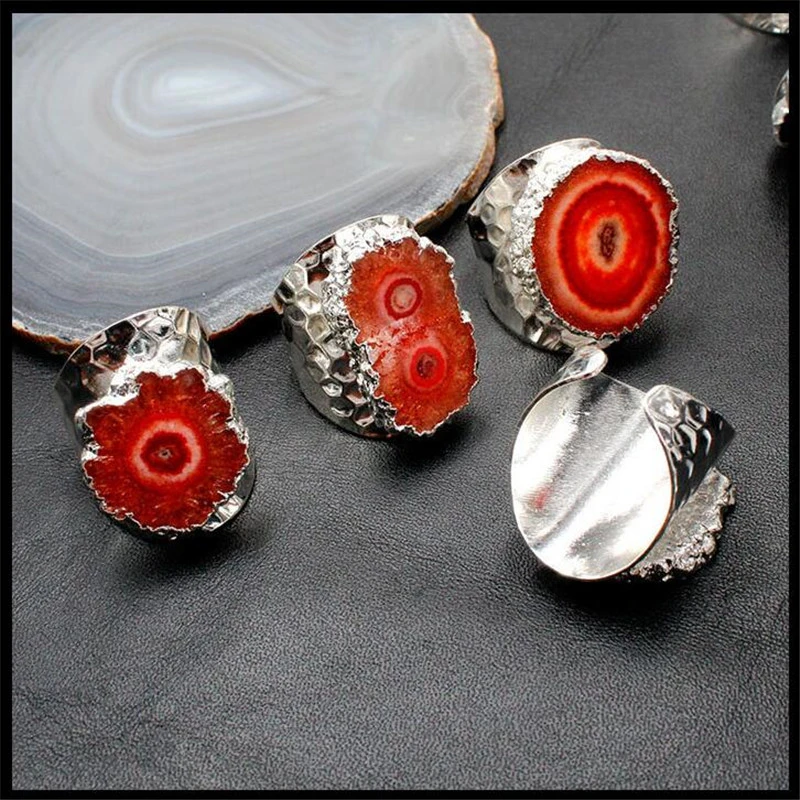 Natural Crystal Ring Sunflower Agate Rough Stone Plating Edge Opening Adjustable Hand Jewelry Inlaid Ring
