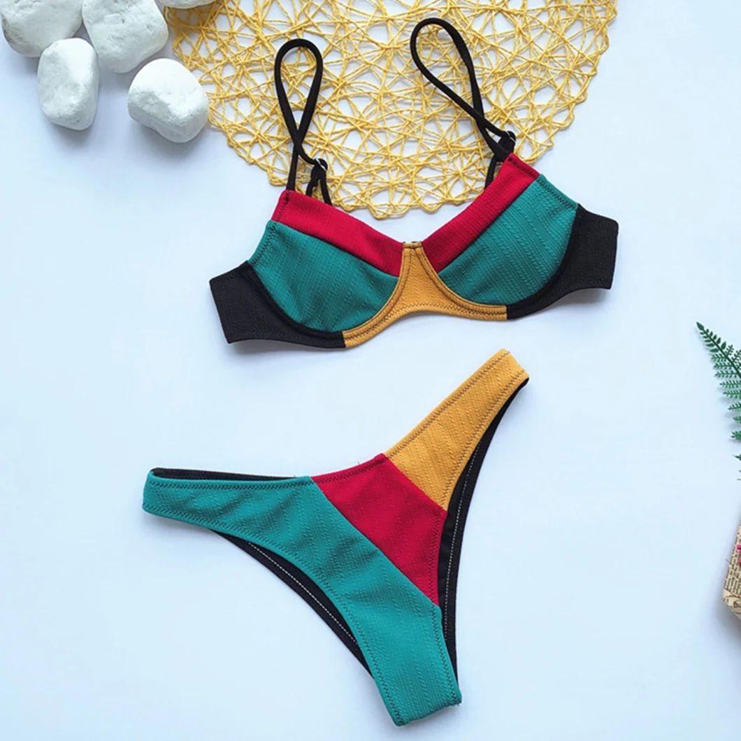 New Solid Color Stitching Bikini One Piece Swimsuit Women Two Piece Swimwear