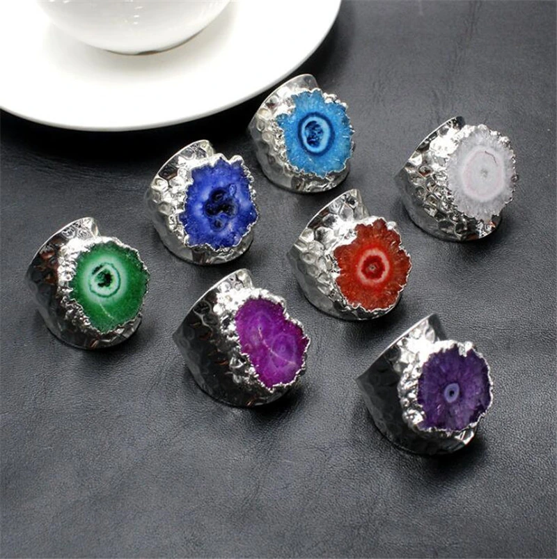Natural Crystal Ring Sunflower Agate Rough Stone Plating Edge Opening Adjustable Hand Jewelry Inlaid Ring