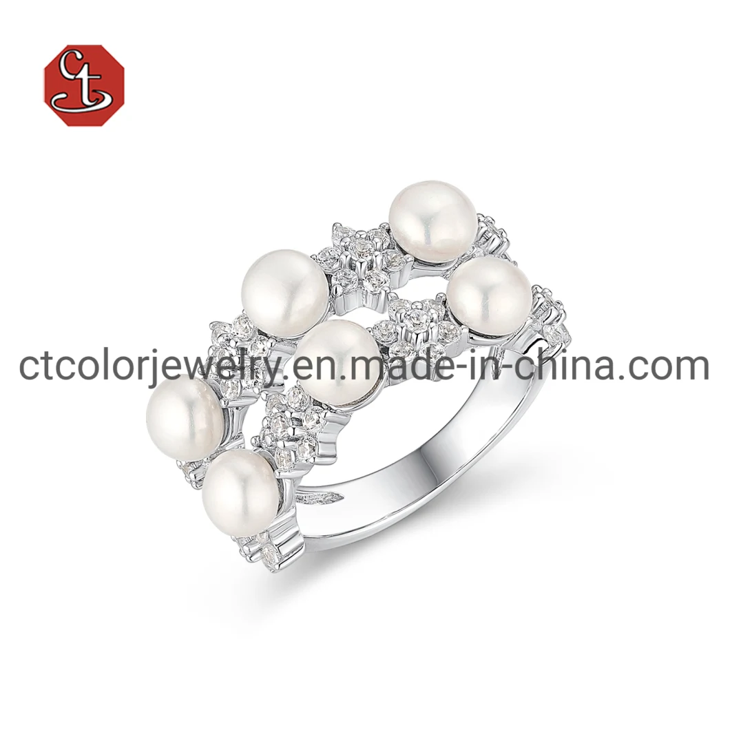 Spiral Adjustable Silver Ring with Natural Pearl Hot Selling Silver Ring Inlaid Cubic Zircon