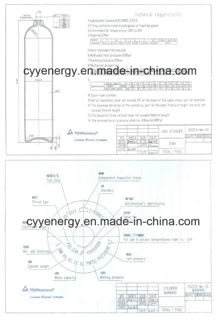 CO2 Oxygen Nitrogen Lar CNG Acetylene Hydrogeen CNG 150bar/200bar High Pressure Seamless Steel Gas Cylinder