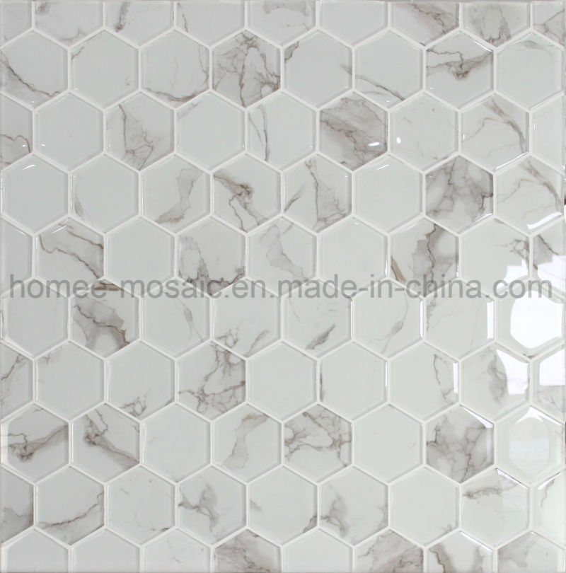 Carrara White Hexagon Wall Tiles Inkjet Glass Mosaic Tile