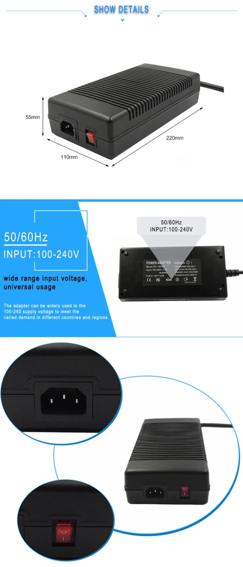 Switching power adapter 24V 12.5A 300W DC Adaptor for LED LCD CCTV Camera