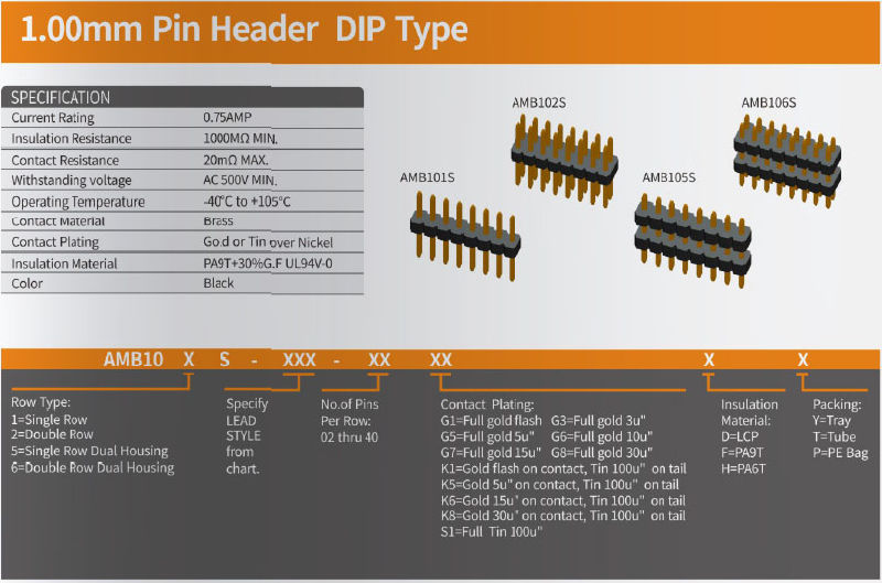 1.00 mm Pin Header DIP Type Single & Double Row Dual Housing Connector