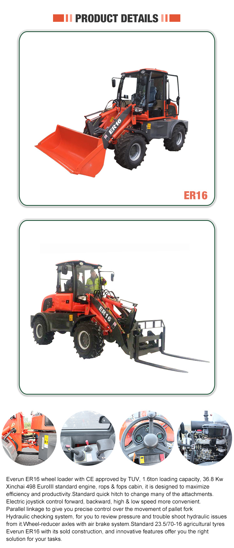 Everun Brand CE EPA4 Small Wheel Loader with Quick Hitch