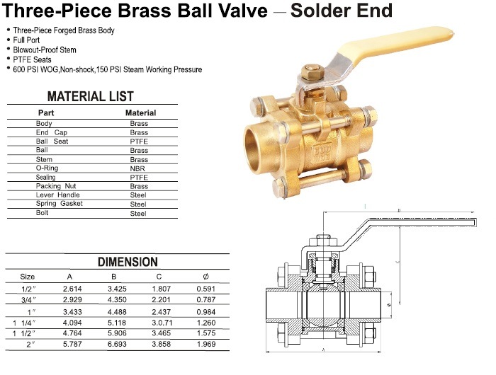 Brass 3PCS Ball Valve with Stainless Steel Bolt
