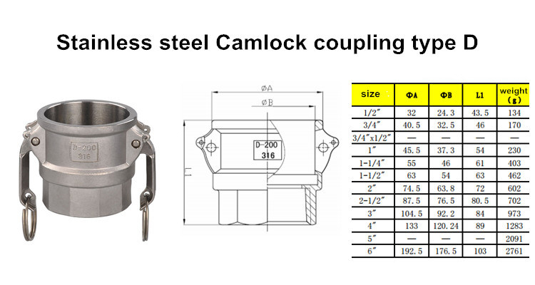 Type D 304 or 316 Ss Stainless Steel Camlock Quick Coupling