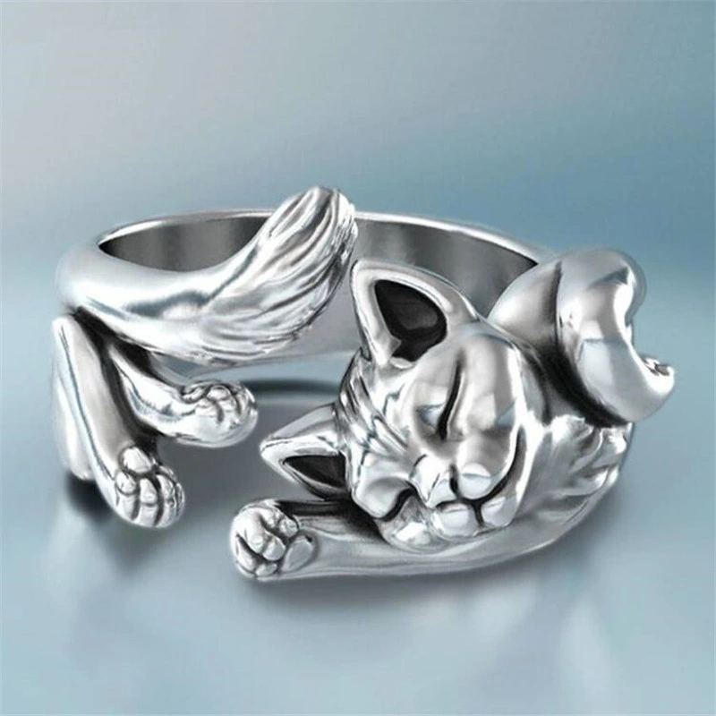 Thailand Cat Totem Adjustable Open Ring Retro Silver Color Ring for Women Creative Female Jewelry Gifts