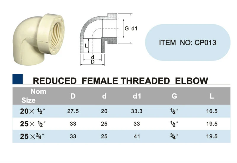 CPVC DIN Standard Pipe Fitting Reduced Female Threaded Elbow