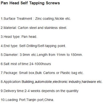 Pan Head Self Tapping Screws Drywall Screw Stainless Steel Screw