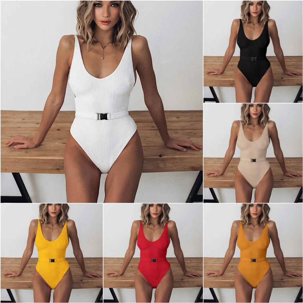 Explosion Style Female One Piece Swimsuit Solid Color Belt Buckle One Piece Bikini Sexy One Piece Swimsuit