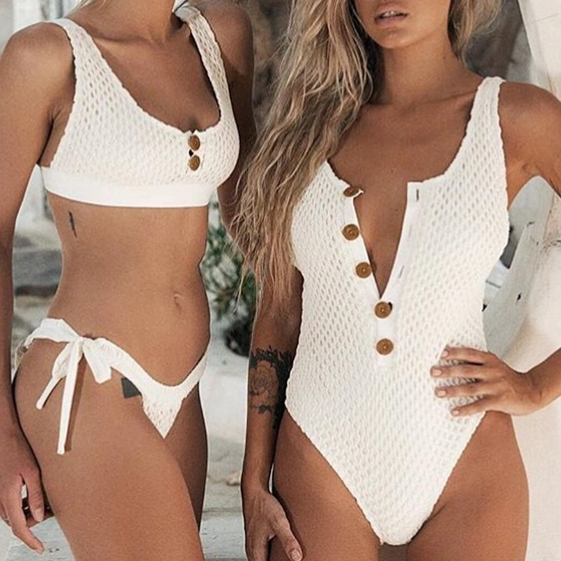 Brazilian Bikinis White Crochet Swimwear One Piece Button Ladies Swim Wear