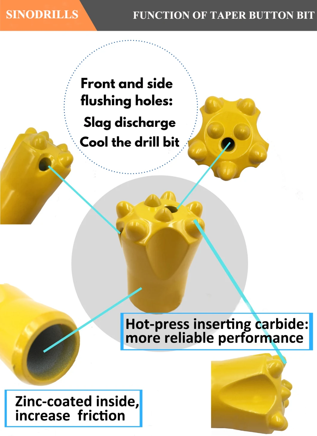 Sinodrills 11 Degree Ballistic Tapered Button Drill Bit Mining