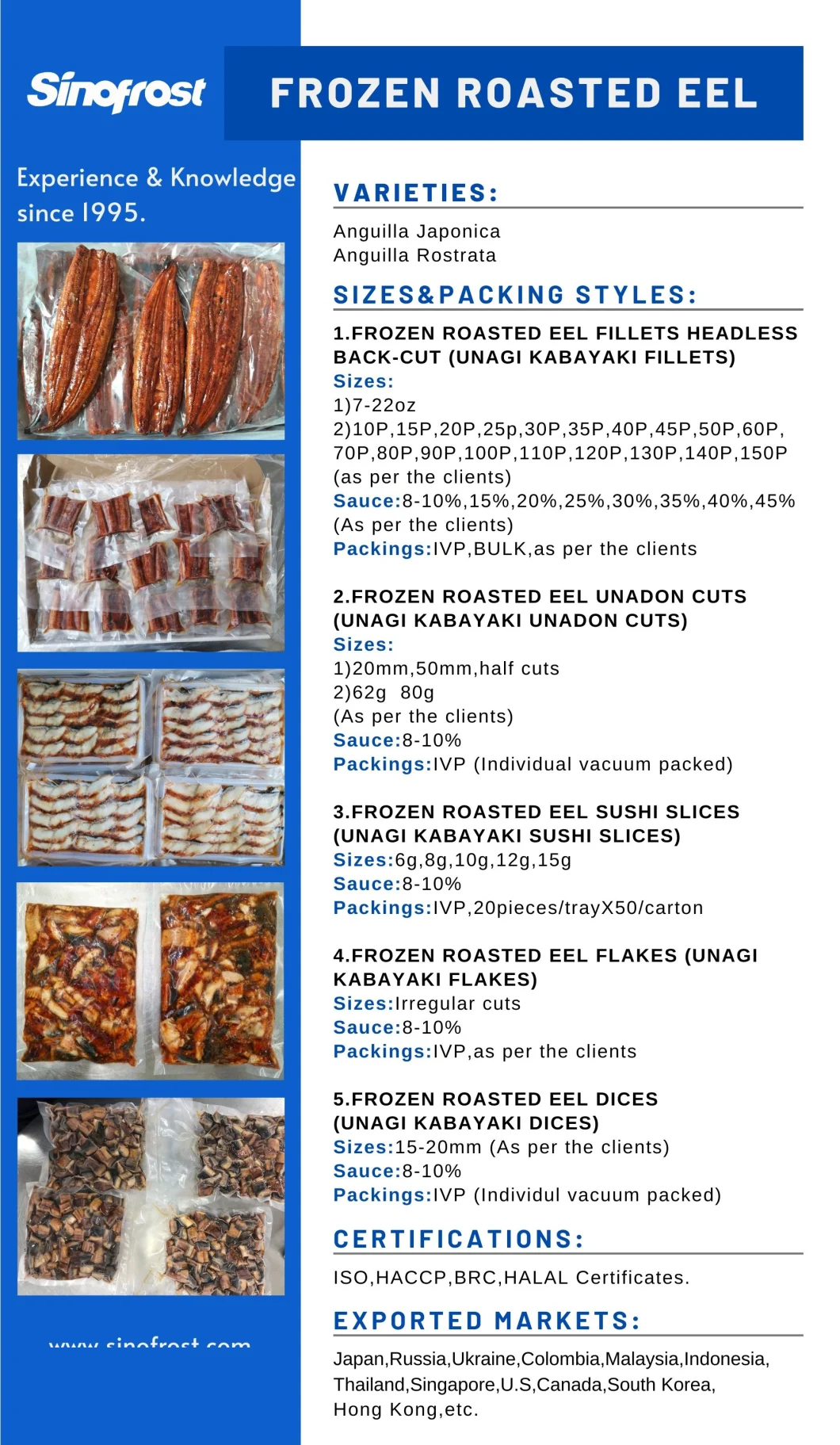 Anguilla Japonica Variety Frozen Roasted Eel, Unagi Kabayaki, Frozen Prepared Eel, Frozen Broiled Eel, Frozen Grilled Eel, Smoked Eel, Packed in Bulk/Vacuum Bag