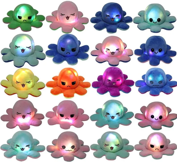 2021 New Colored Lights Octopus Reversable Octopus Doll Double Face Expression Flip Octopus LED
