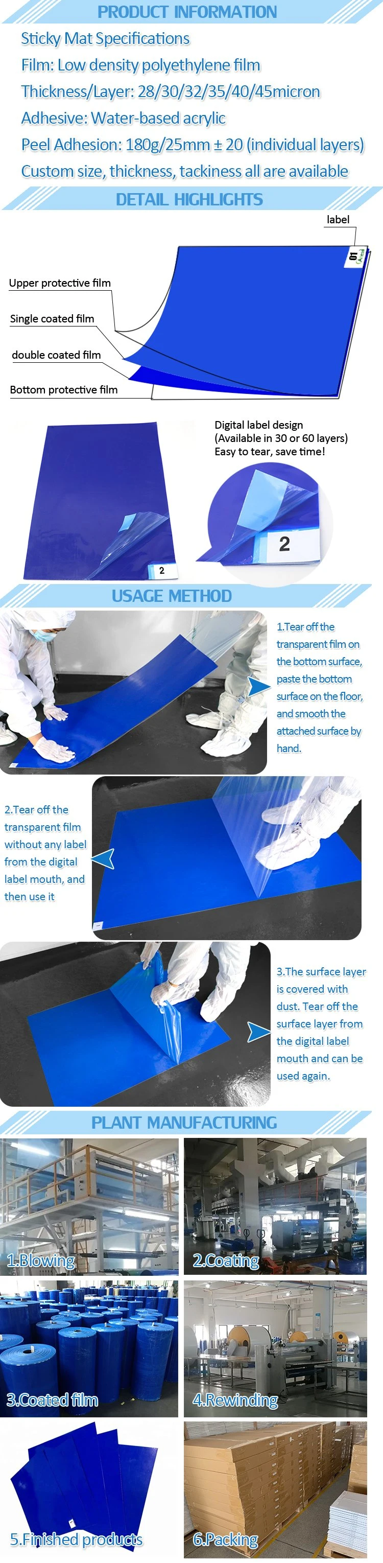 OEM 24X36 Inch 30 Layers Peel off Sticky Floor Mat Anti-Slip Cleanroom Adhesive Sticky Mats