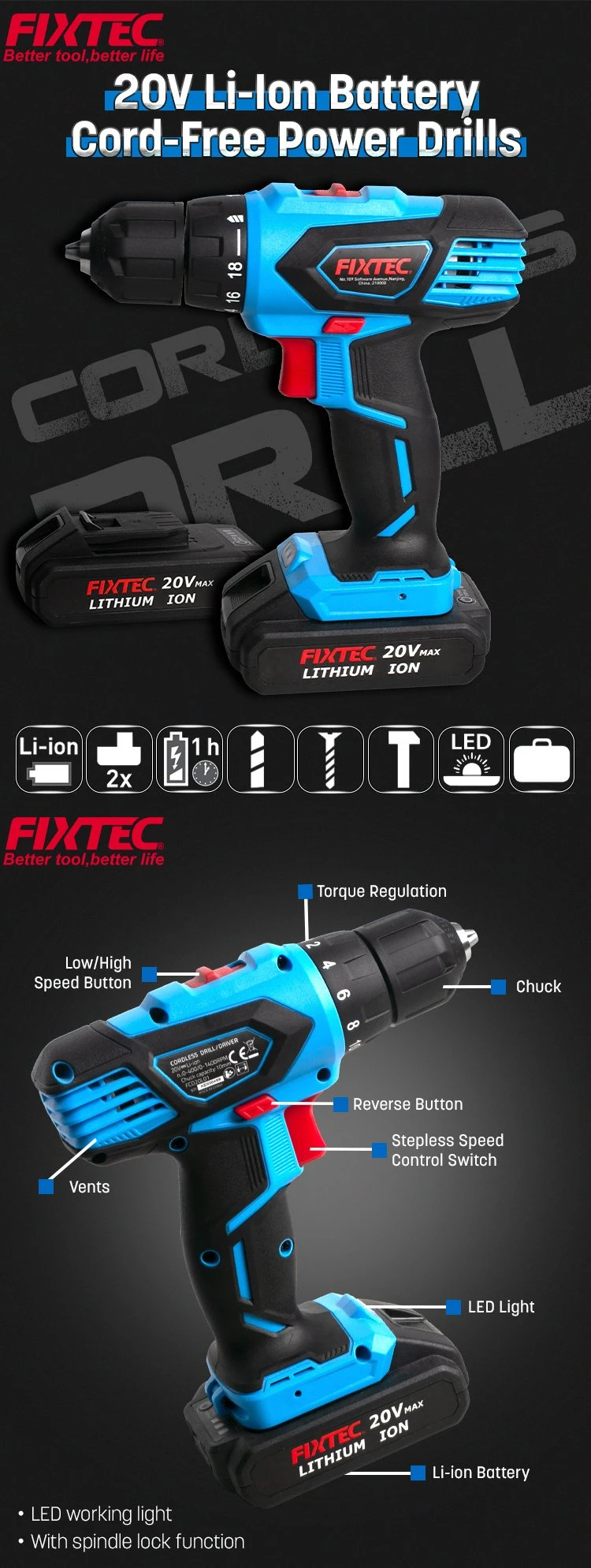 Fixtec Power Tools Drill 20V 2X2000mAh Li-ion Battery Impact Electric Cordless Drill