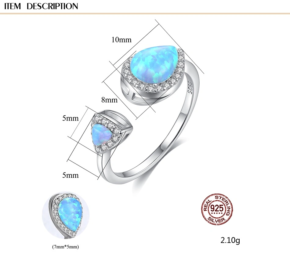 Luxury S925 Silver CZ Water Drop Fire Opal Open Rings