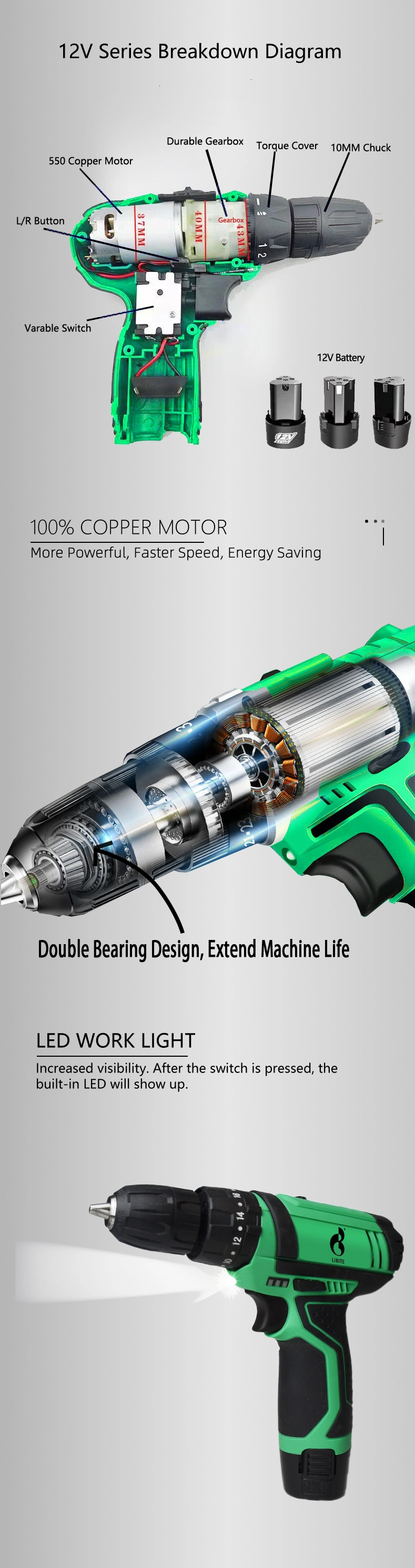 Libite 12V 20V Li-ion Mini Screwdriver Lithium Battery Cordless Impact Drill