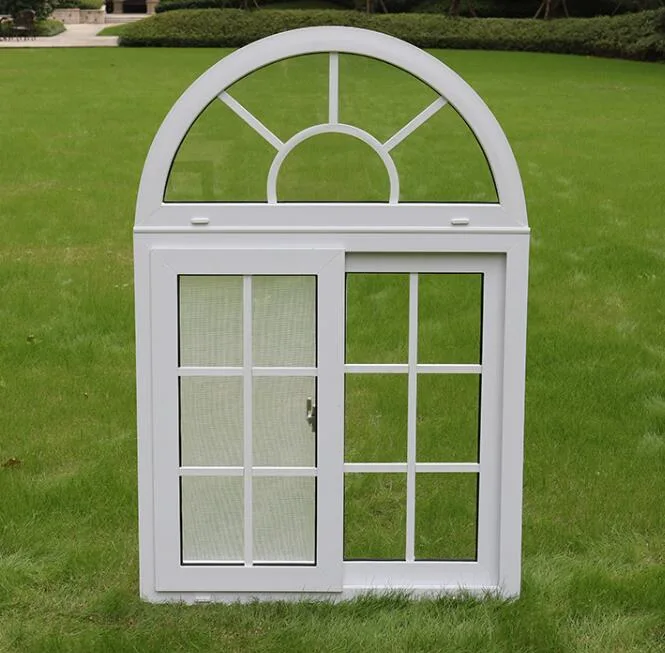 2020 New Design Modern Style PVC Sliding Glass Window with Arched Top and Artistic Glass