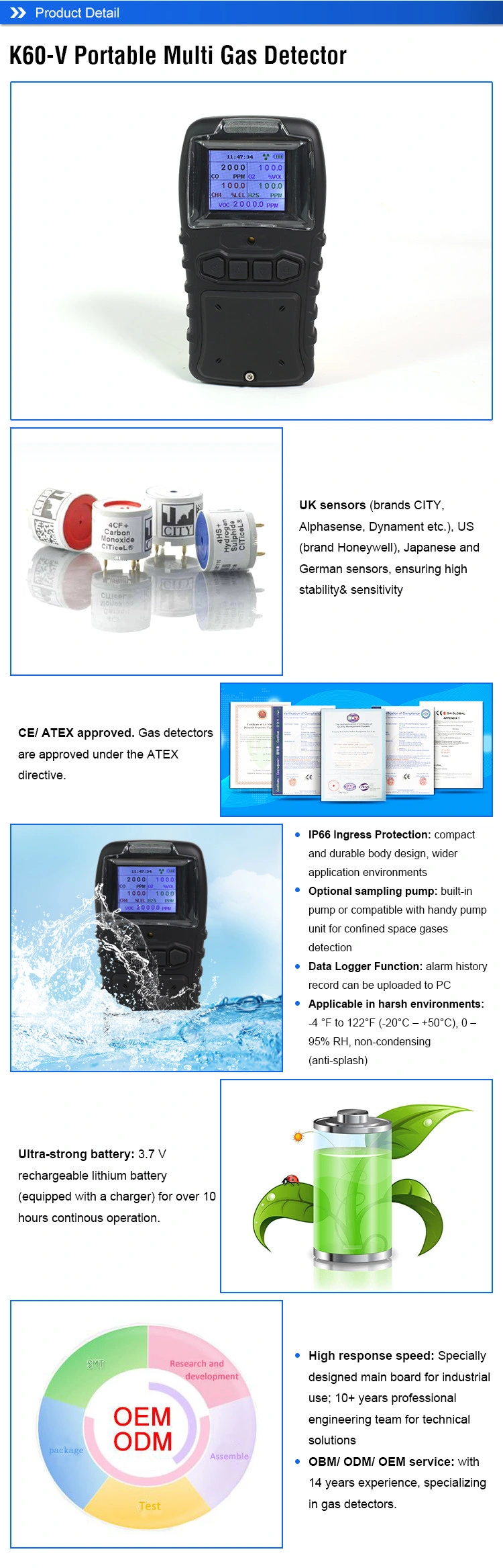 Kelisaike Portable Handheld Multi Gas Detector 4in1 Co/CH4/H2s/O2 Gas Detector