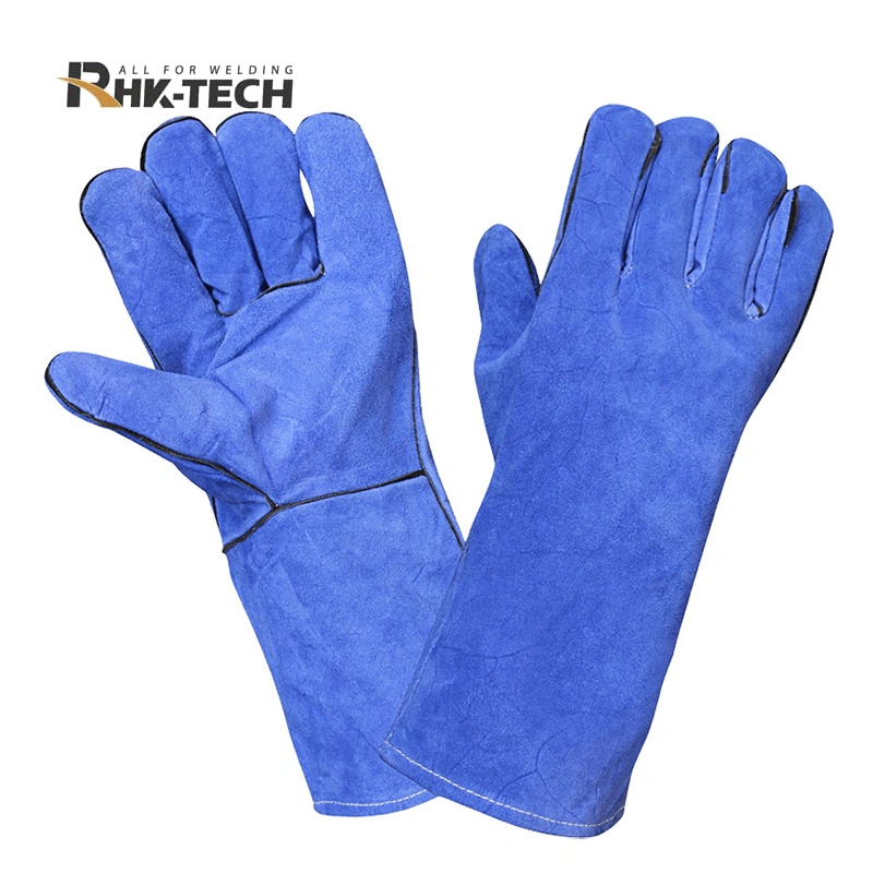 Good Price Labour Protective 14 Inch Cow Split Leather Heat Resistant Protective Blue Welding Gloves