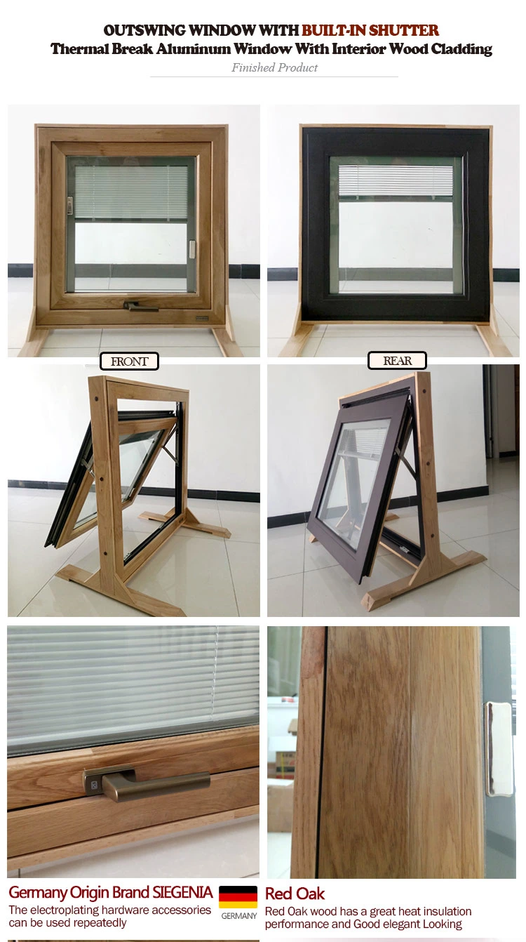 Aluminum Clad Wood Casement Window Built-in Blinds Integral Shutter Inward Opening Double Tempered Glass Window