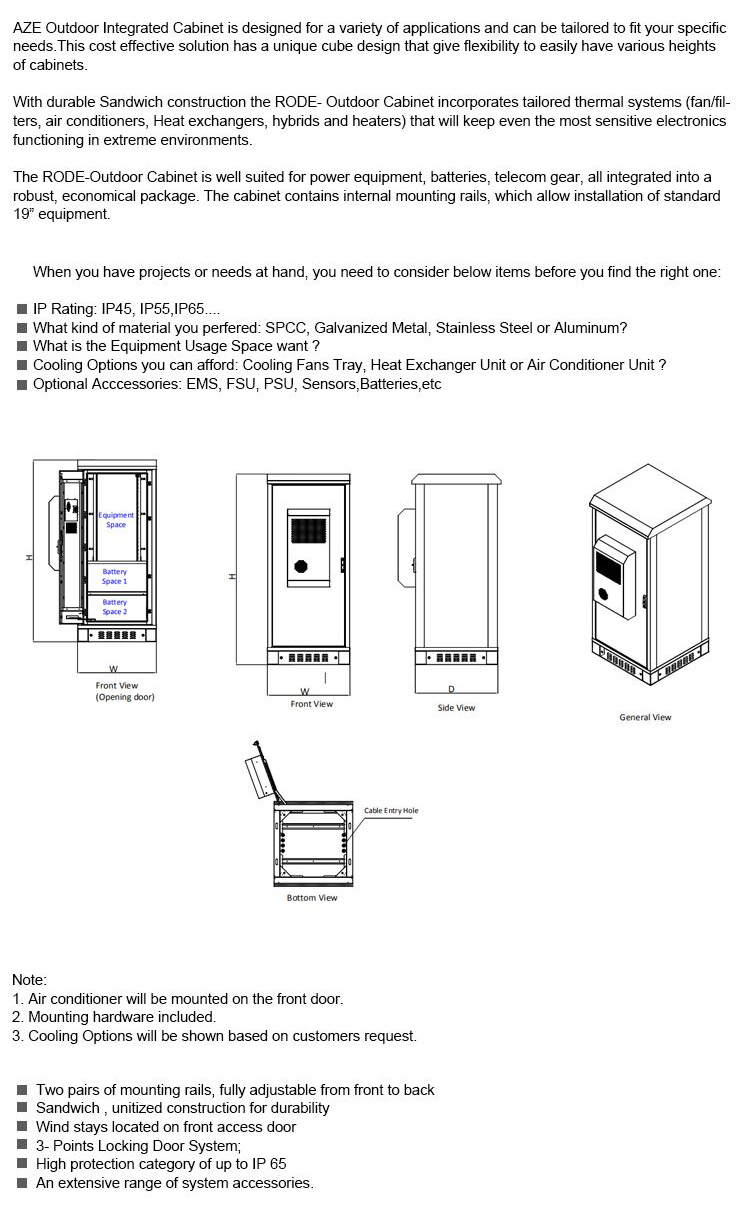 19inch IP55 Battery Enclosure 30u 36u 40u Outdoor Battery Cabinet Enclosure with 1500W Air Conditioner