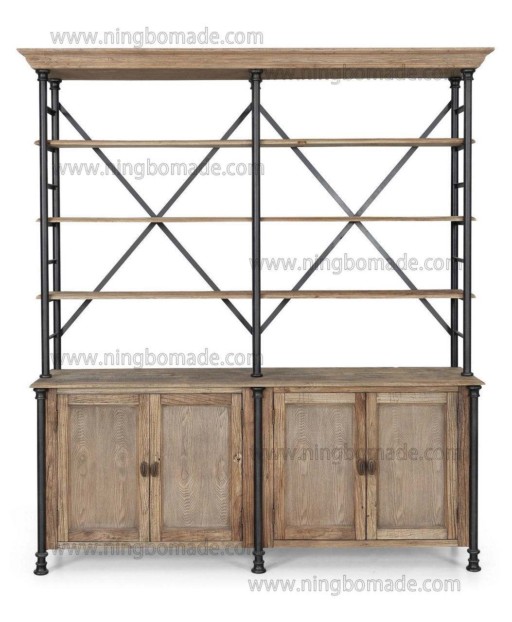 Antique Vintage Industrial Furniture Natural Reclaimed Pine Wood and Antique Iron Double Bookcase
