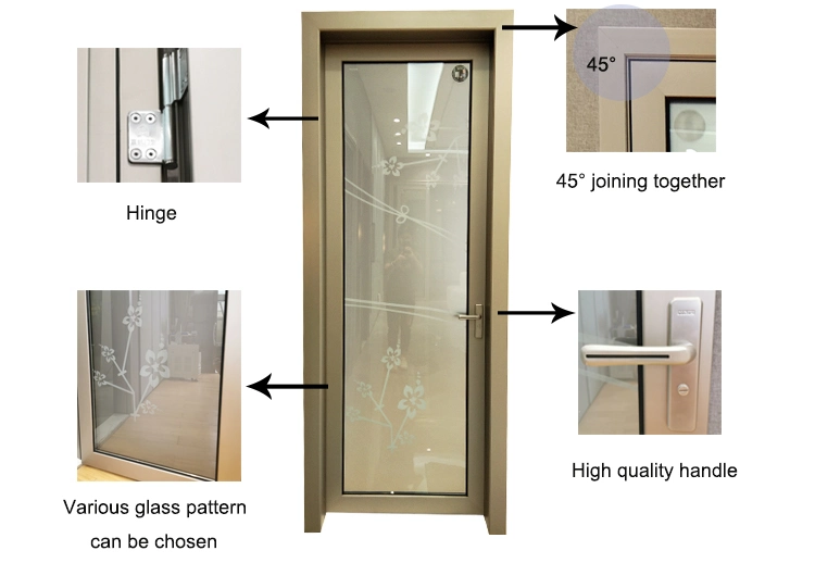 Inside House Aluminum Alloy Powder Coated Drawing Glass Open Door, Decorative Glass Bathroom Door