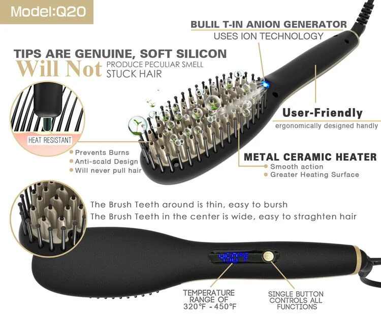 Beauty Equipment Innovative Product Ideas Nano Technologyprofessional LED Hair Straightener Brush Anion (Q20)