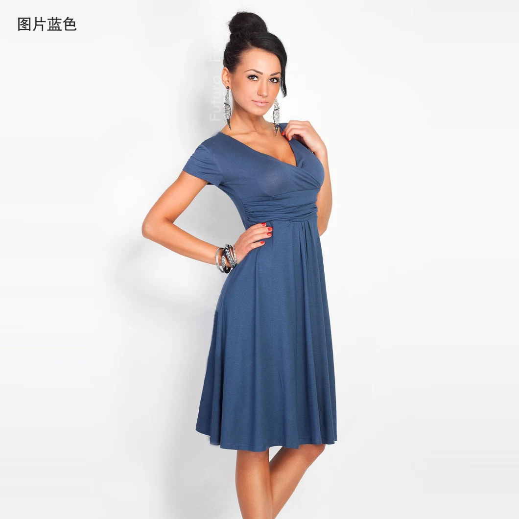 Women Dress V-Necked Slim High-Waisted Short-Sleeved Dress with Waist Ruched (18137)