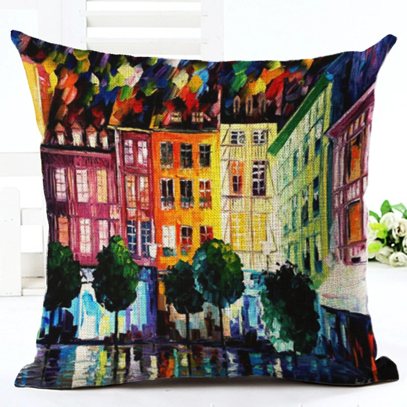 Township Streetscape Bridge Oil Painting Linen Pillowcase Living Room Sofa Cushion Cover