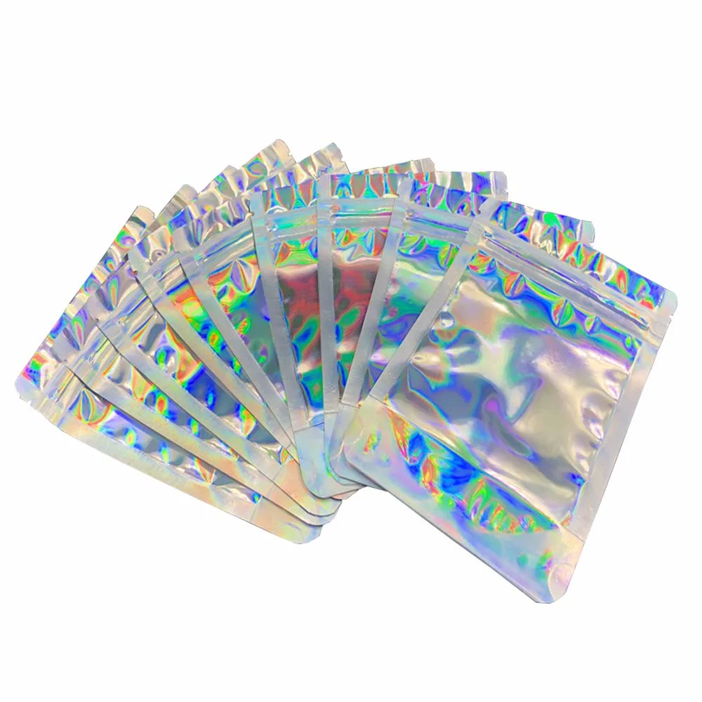 Glossy Holographic Stand up Clear Front Laser Film Plastic Food Packaging Bag with Zipper