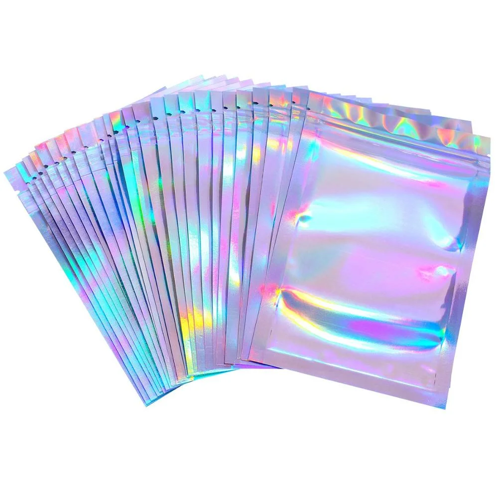 Glossy Holographic Stand up Clear Front Laser Film Plastic Food Packaging Bag with Zipper